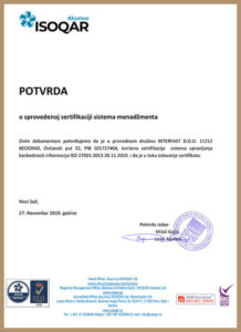 Certificate of management system certification – from 2019 Potvrda o sprovedenoj sertifikaciji sistema menažmenta – iz 2019